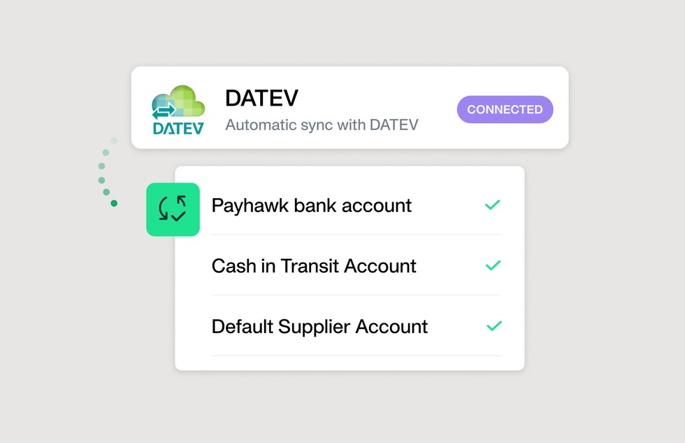 Illustration of how you can get a tailored setup between DATEV and Payhawk out of the box
